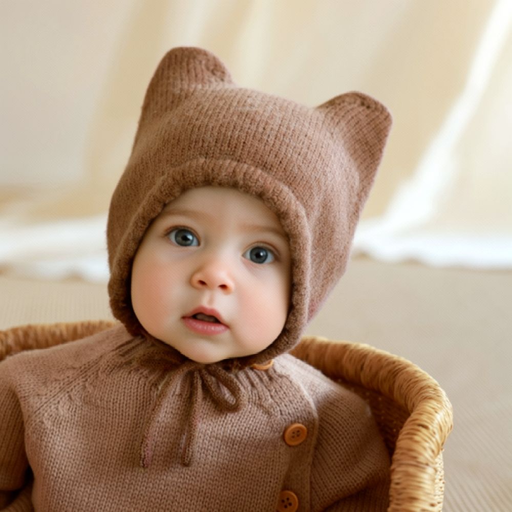Infant Beanie Hat With Ears - Winter Knitted Baby Bonnet Warm Ear